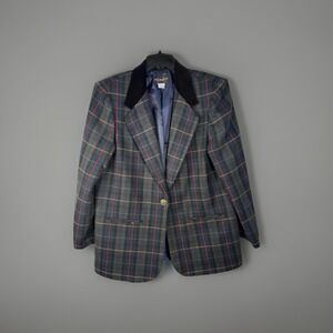 Vintage Academia Green Tartan Plaid Blazer w/Velvet Felt Collar Women's 10
